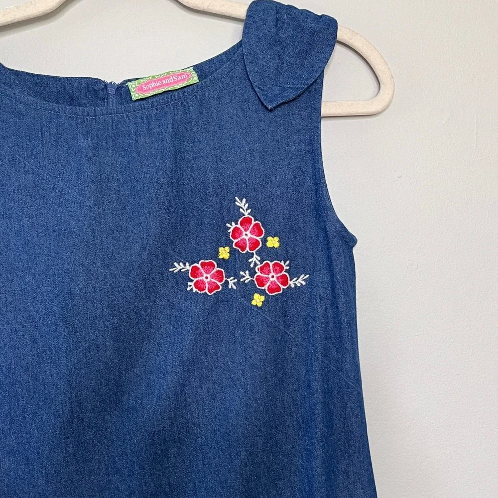 Sophie and Sam Girls‎ Denim Dress Floral Embroidered Sleeveless Size 14Y Blue